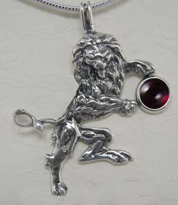 Sterling Silver Royal Rampant Lion Pendant With Garnet